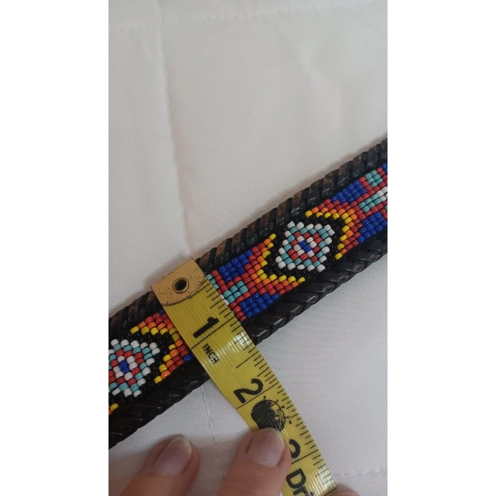 Vintage 1991 Bead Black Belt Leather Silver Native Western Colorful Size 42